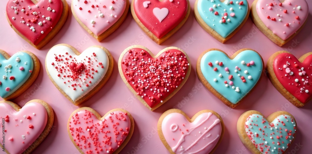 Fototapeta premium Assorted heart-shaped cookies with colorful icing, sprinkles, and patterns for Valentine's Day, colorful, patterns