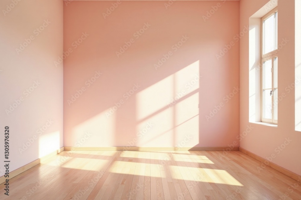 Obraz premium Empty Room with Pale Pink Walls and Light Wood Floor, Sunlit Corner