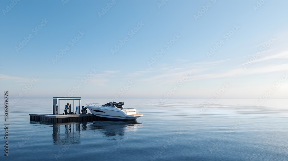 Speedboat Being Refueled at a Fuel Dock with Calm Water Reflections on a Peaceful Lake or Ocean Scene