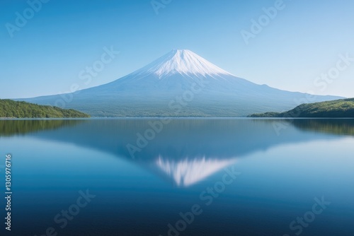cinematic depiction of mount fuji reflecting on still waters of lake kawaguchi under clear morning sky