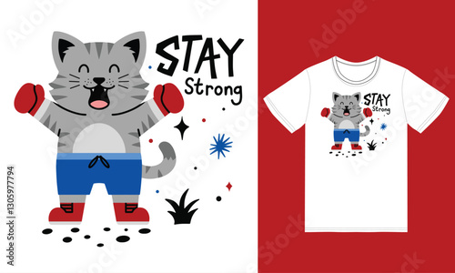 Cute cat boxing illustration with tshirt design premium vector