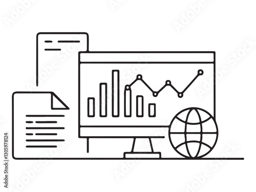 continuous one single black line art doodle drawing of Big data analysis with futuristic charts and analytics dashboard illustration