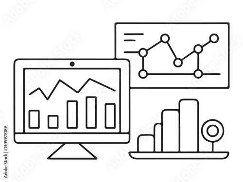 continuous one single black line art doodle drawing of Big data analysis with futuristic charts and analytics dashboard illustration