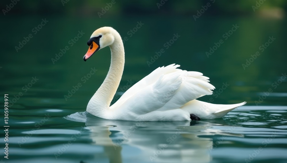 Naklejka premium Graceful white swan glides across calm lake water , serenity, idyllic, swan