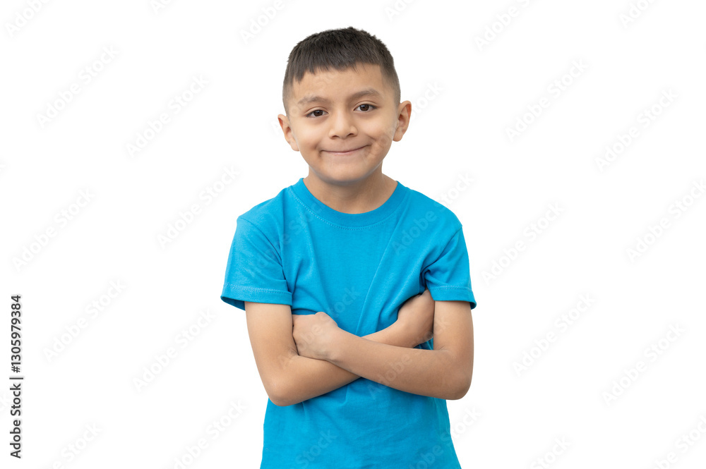 Confident latin american boy crossing arms on white background Confident latin american boy crossing arms on white background