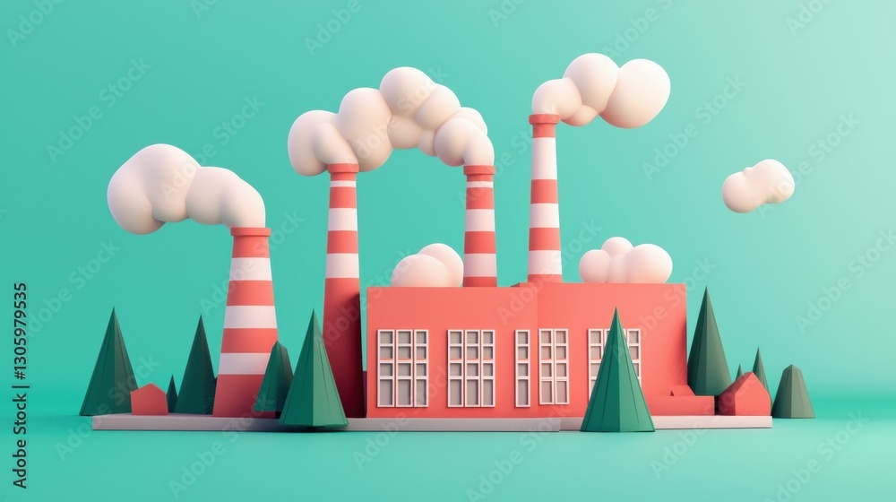 Naklejka premium Illustration of a factory with smoke stacks and trees on a green background. Concept of industry, manufacturing, and pollution.