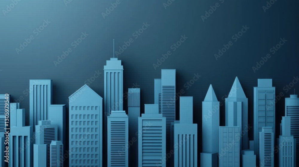 Obraz premium Monochromatic blue cityscape with various buildings and skyscrapers. Minimalist and modern design.