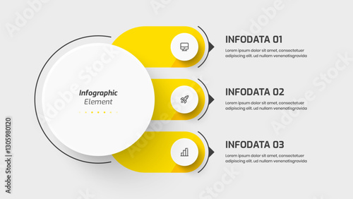 Business Central Circle Infographic Template with Yellow Color, 3 Options and Icon. Suitable for Presentations, Process Diagram, Workflow