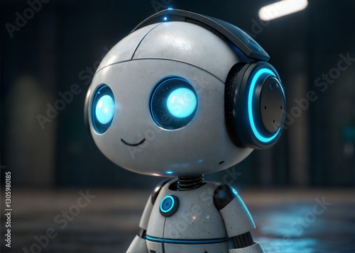 Cute robot with headphones, listening to music in a futuristic setting.