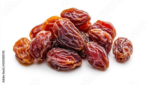 Close Up of a Pile of Dark Brown Sweet Raisins on White Background