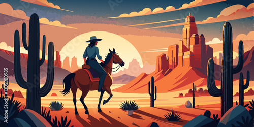 A cowgirl on horseback in the western landscape when the setting sun