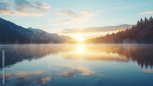 A serene lake scene with calm water reflecting a peaceful morning atmosphere.
