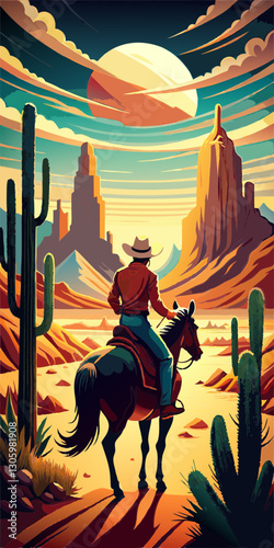 A cowgirl on horseback in the western landscape when the setting sun