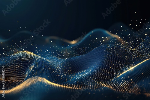 Scattered golden light particles enrich an abstract dark blue backdrop.