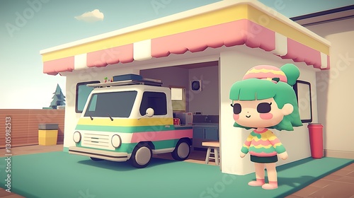 Cheerful Animated Character with Colorful Van in Quirky Setting