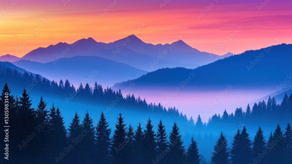 Beautiful mountain landscape with colorful sky and fog. Concept of nature, travel, and adventure. Beautiful mountain landscape with colorful sky and fog. Concept of nature, travel, and adventure.