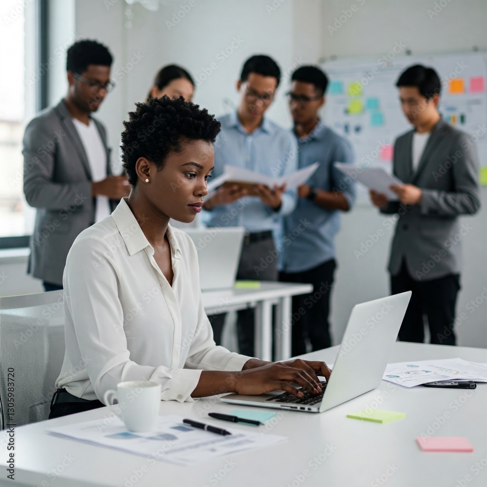 black woman in a white blouse working on a laptop in a modern office space with colleagues in the background. black woman in a white blouse working on a laptop in a modern office space with colleagues in the background.