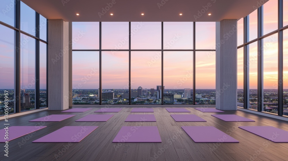 Fototapeta premium Yoga studio with mats and city view at sunset. Concept of wellness, exercise, and healthy lifestyle.