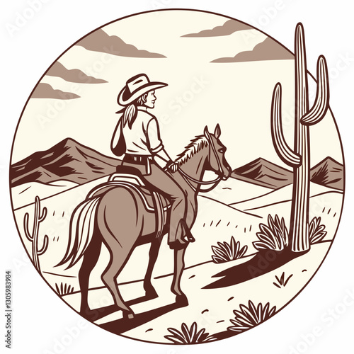 A cowgirl on horseback in the western landscape when the setting sun