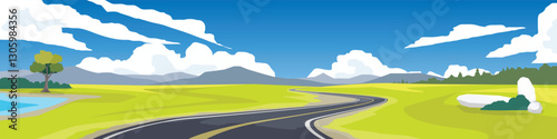 Landscape view of asphalt road that cuts through the grasslands. Road curves on the grassy slopes. Trees growing next to the water source. Background of mountains under blue sky and white clouds.