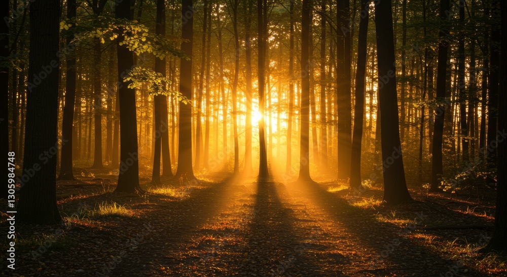 Fototapeta premium Sunlit Forest Path: A captivating image capturing the sun's rays piercing through the dense trees of a tranquil forest path, illuminating the scene with a warm, golden glow.