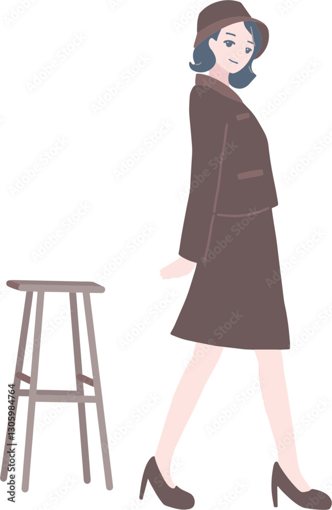 Drawing illustration of a businesswoman in brown suit walking pose and a simple chair full body length Drawing illustration of a businesswoman in brown suit walking pose and a simple chair full body length