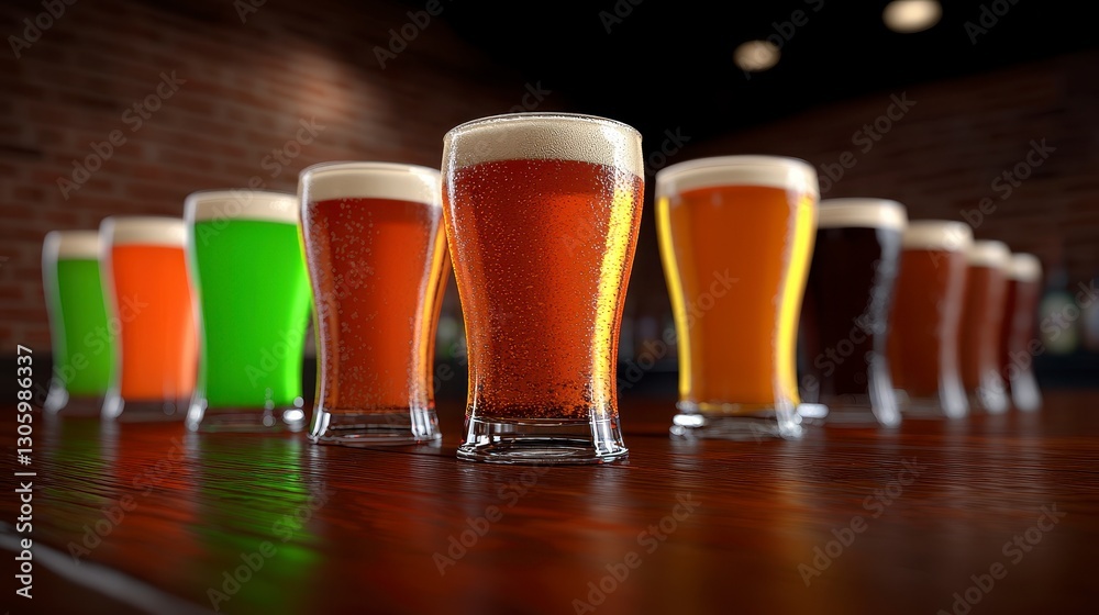 Assortment of Beers in Glasses on a Dark Wooden Bar Assortment of Beers in Glasses on a Dark Wooden Bar