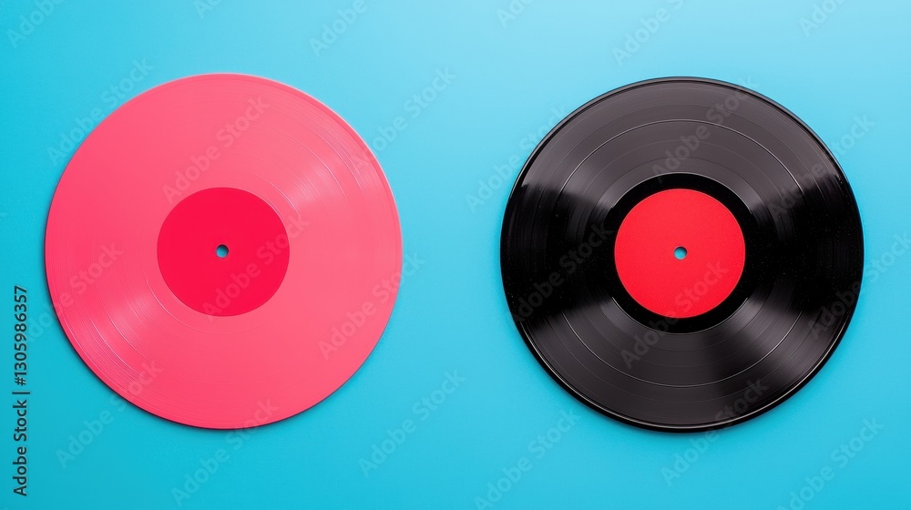 Two vinyl records, one pink and one black, on a blue background. Concept of music, entertainment, and vintage. Two vinyl records, one pink and one black, on a blue background. Concept of music, entertainment, and vintage.