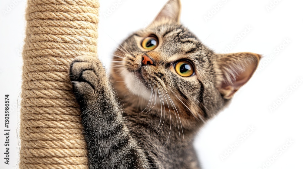Fototapeta premium Tabby kitten playfully scratching a sisal scratching post. Perfect for websites, blogs, or pet product ads promoting cat care.