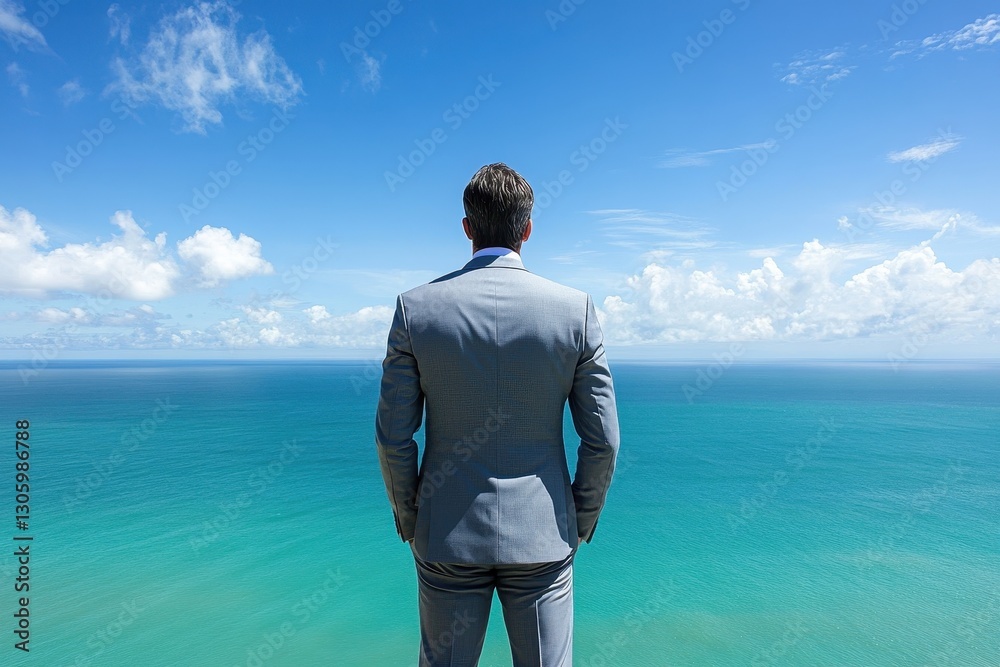 Man in grey suit, back view, overlooking ocean. Ideal for concepts of success, ambition, or future planning. Man in grey suit, back view, overlooking ocean. Ideal for concepts of success, ambition, or future planning.