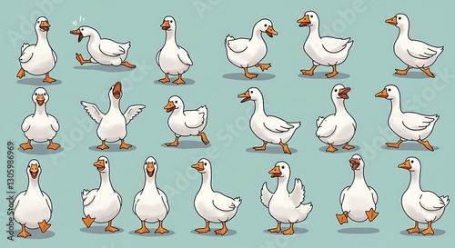 Illustration of geese in various poses - comical avian antics - children's books/digital wallpaper