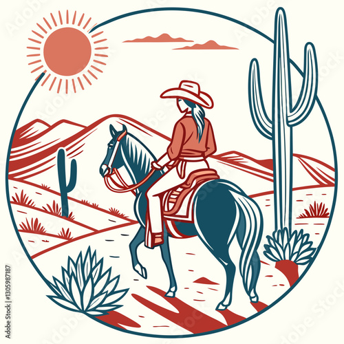 A cowgirl on horseback in the western landscape when the setting sun