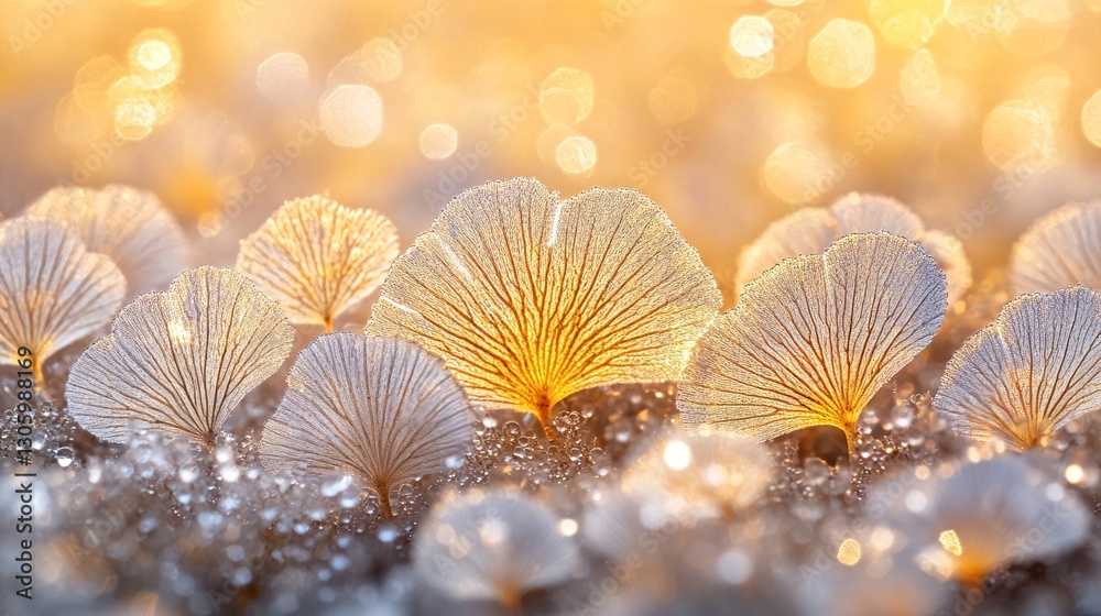Fototapeta premium Golden mushrooms sunrise dew; nature background