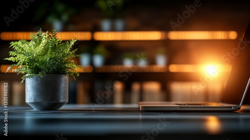 Wallpaper Mural Modern Workspace with Laptop and Potted Fern Plant on Table Near Warm Ambient Light in Cozy Office Environment Torontodigital.ca