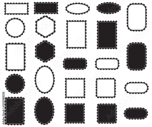 Scallop Lace Shapes Frames and Borders for Greeting Cards, Christmas Cards, Wedding Invitations. Invites, Scrapbooking, Paper Crafts. Black Vector Silhouette Collection Set