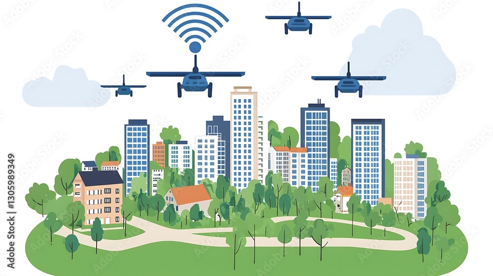 Obraz premium Drones Flying Over Modern Cityscape with Wi-Fi Signals Above