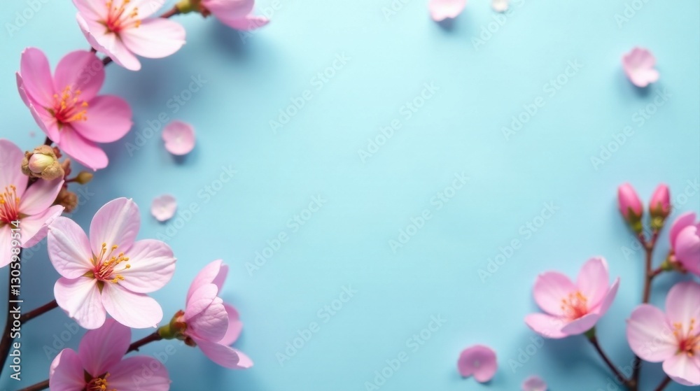 Delicate Pink Blossoms Frame a Light Blue Background, Perfect for Springtime Announcements or Invitations Delicate Pink Blossoms Frame a Light Blue Background, Perfect for Springtime Announcements or Invitations
