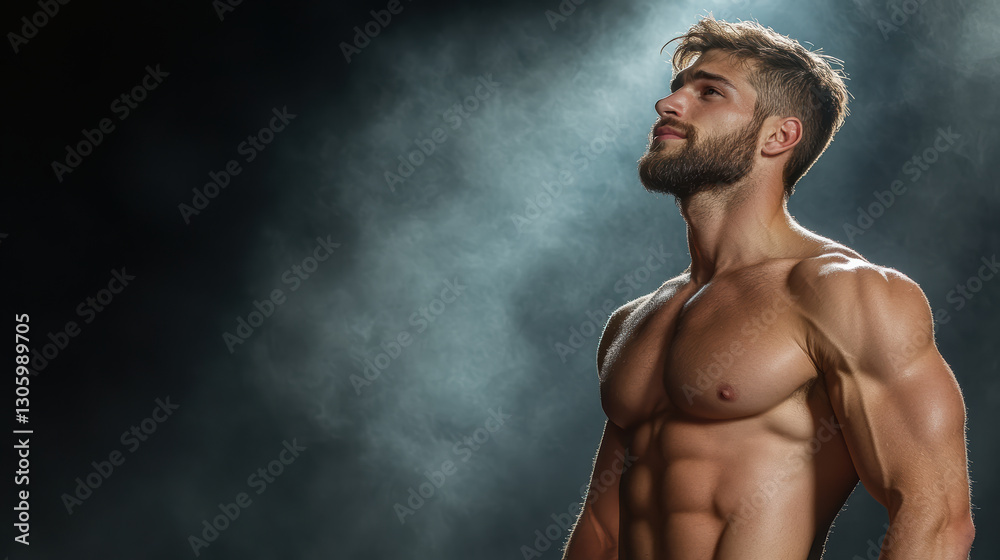 Fototapeta premium muscular man poses confidently under dramatic lighting, showcasing strength and determination