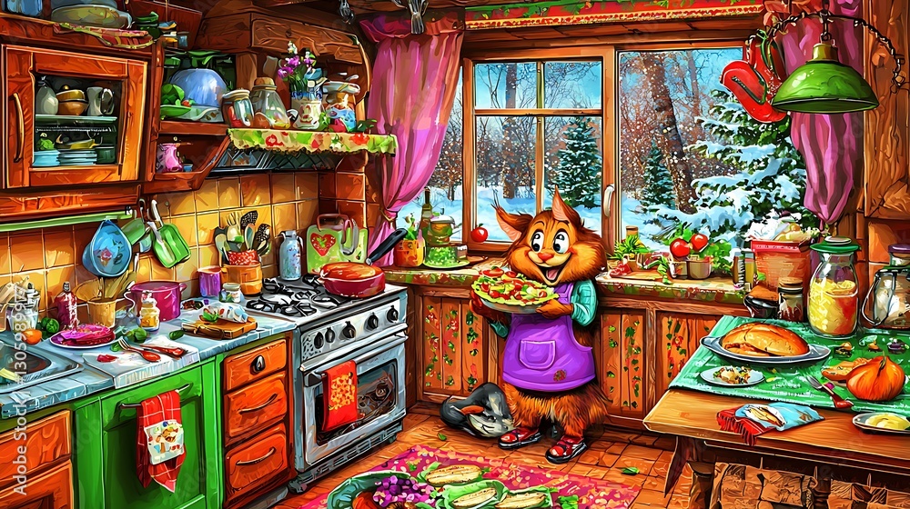 Naklejka premium Cozy Winter Kitchen Scene with Cute Cat Baking Christmas Treats