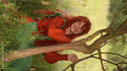 A cheerful red-haired woman in a vintage red and green dress playfully hides behind a small tree,peeking out with a mischievous smile.Rural scene evokes curiosity,flirtation and a sense of adventure.