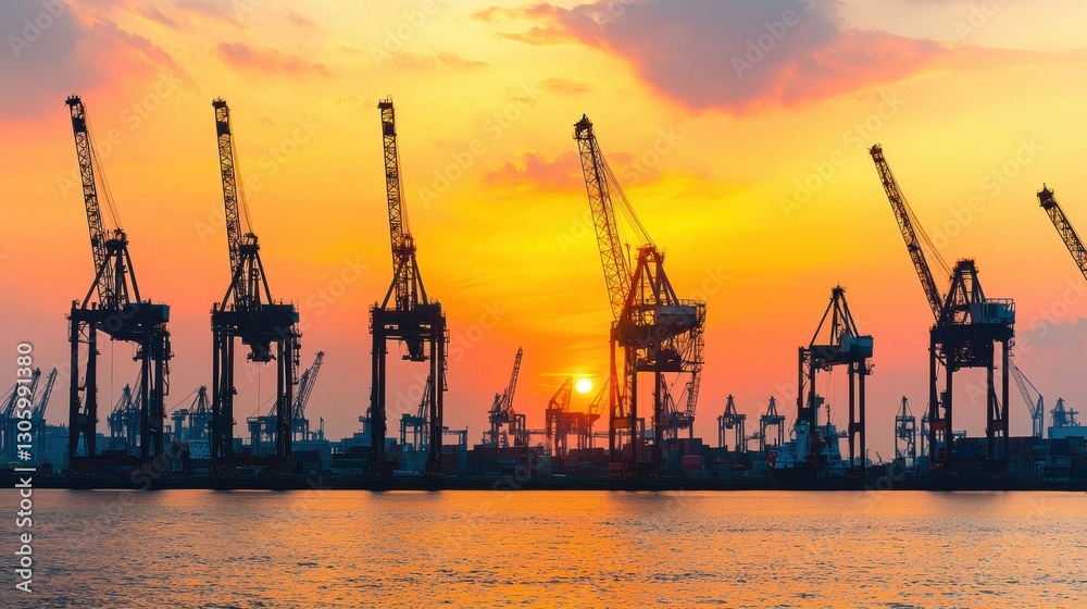 Obraz premium Cargo cranes at the harbor during sunset. Concept of trade, import, export, and logistics.