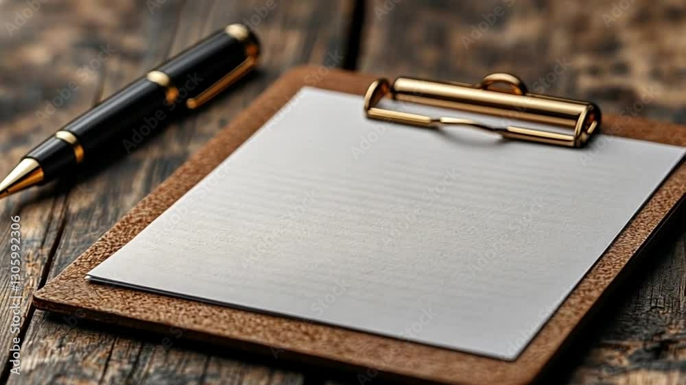 Blank clipboard with pen on rustic wooden table; office supplies Blank clipboard with pen on rustic wooden table; office supplies