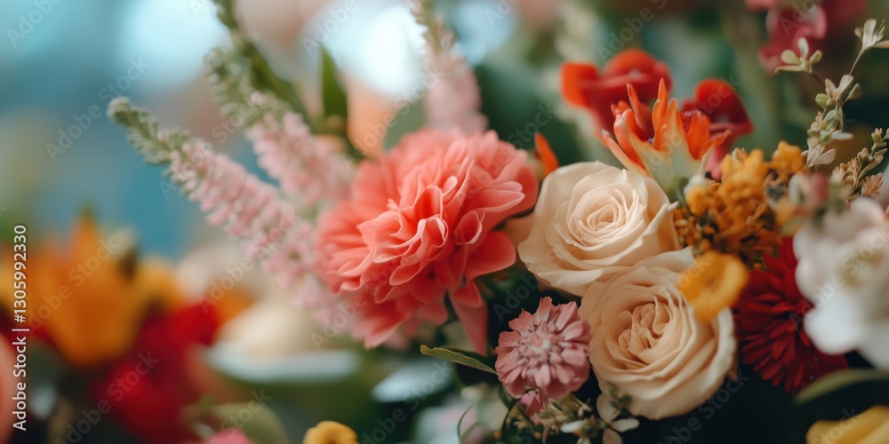 An artistic display of a variety of flowers in harmonious colors, creating a visually stunning arrangement that evokes feelings of beauty, romance, and nature's tranquility.