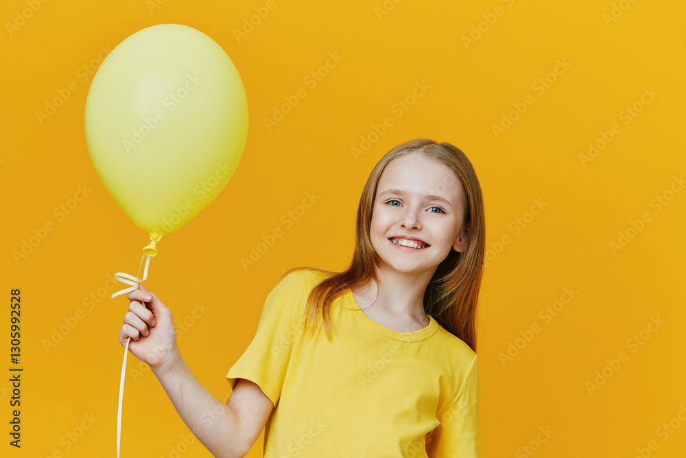 Cheerful girl in a yellow t shirt holding a yellow balloon against a bright yellow background, embodying happiness and playful joy Cheerful girl in a yellow t shirt holding a yellow balloon against a bright yellow background, embodying happiness and playful joy