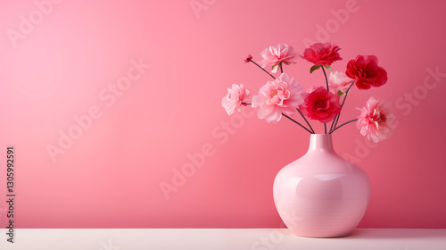 Pink Flowers in Pink Vase Minimalist Home Decor Pastel Background