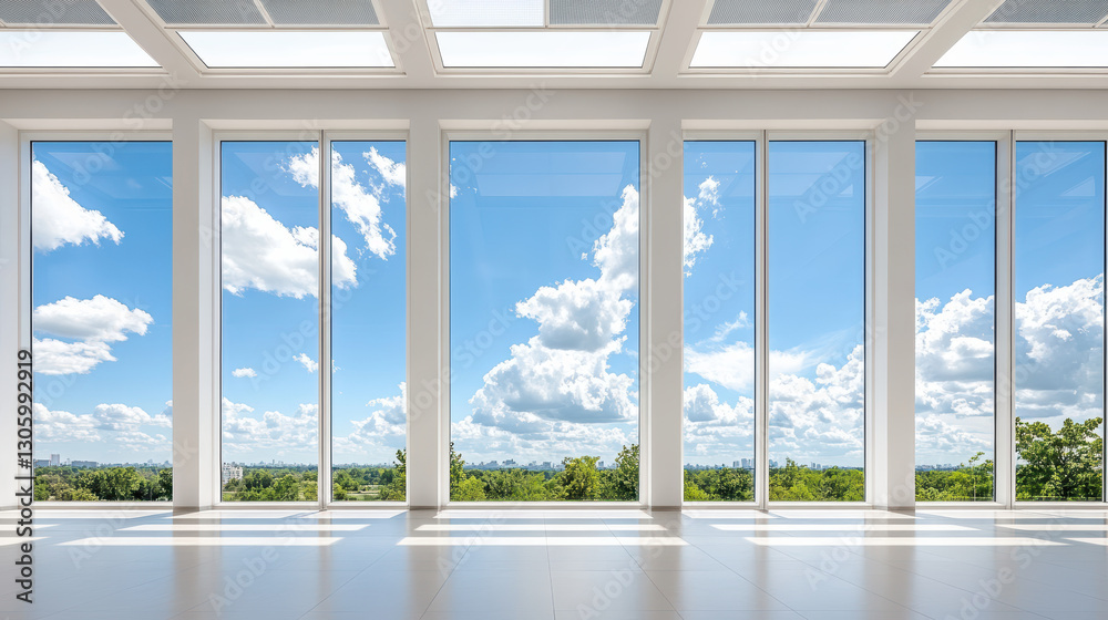Bright and airy interior with large windows showcasing scenic view Bright and airy interior with large windows showcasing scenic view