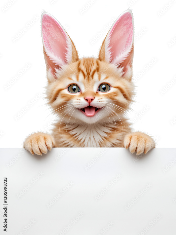 Happy winking kitten wearing easter rabbits ears looks above blank white banner. Isolated on white background Happy winking kitten wearing easter rabbits ears looks above blank white banner. Isolated on white background