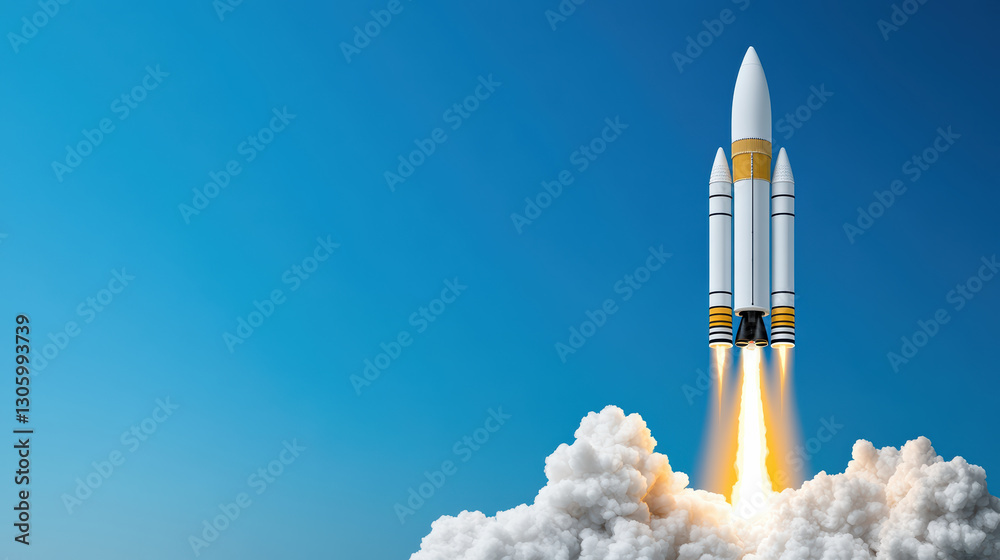 Rocket launch with smoke and blue sky, symbolizing innovation and exploration Rocket launch with smoke and blue sky, symbolizing innovation and exploration