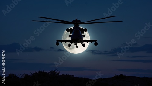 Silhouette of a military helicopter against a full moon, creating a dramatic night scene with dark clouds