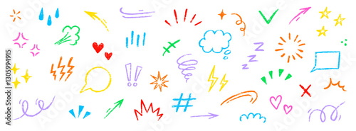 Line movement comic element, cartoon emotion mark effect decoration icon. Hand drawn cute doodle line element arrow, heart, speech bubble. Anime movement, express shape. Vector illustration